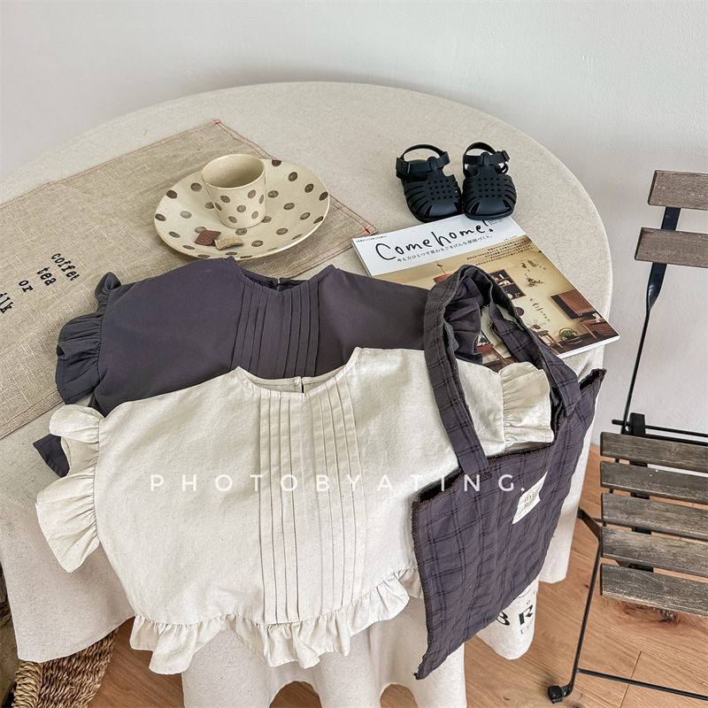 Summer 2024 Children's Clothing New Collection: Girls' Summer wear - Korean style washed cotton puffed sleeve short-sleeved Shirt 123206 pic 40