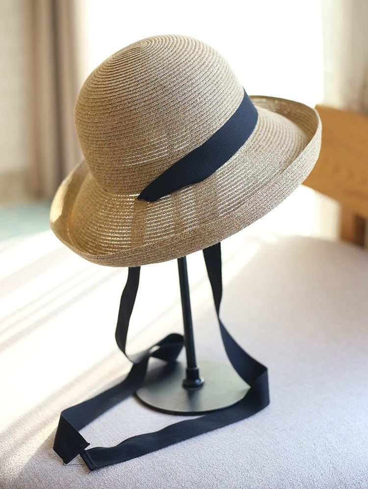 日本纸草卷边可折叠飘带丝带渔夫帽遮阳帽防晒沙滩帽女海边草帽详情4