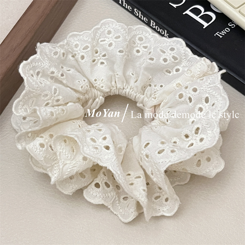 French retro atmosphere lace large intestine hair tie, popular embroidery with hollowed-out patterns and ruffled edges, hair accessory and hair band pic 3