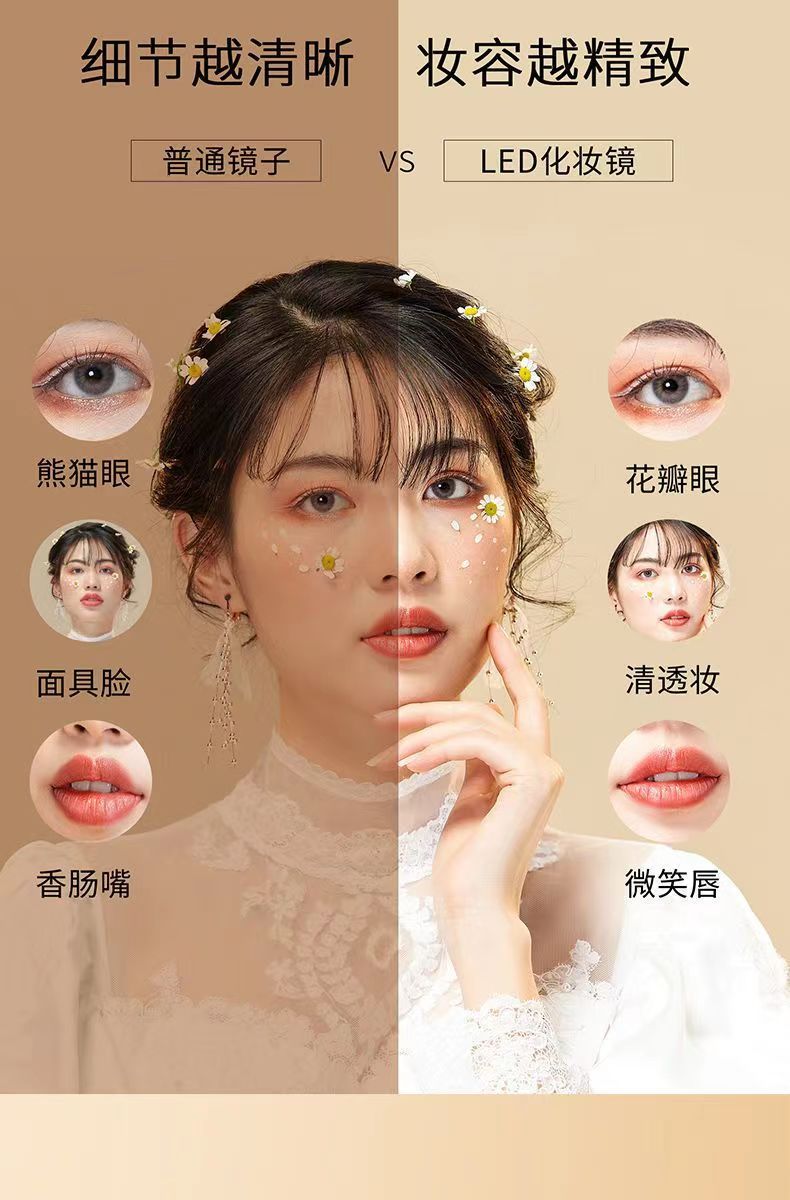 led化妆镜子学生宿舍带灯台式桌面补光小镜子梳妆镜随身灯光折够详情4