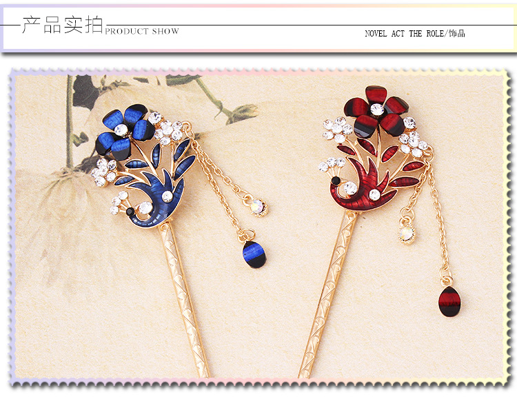 时尚民族风合金镶钻发簪 滴油复古蝴蝶型孔雀簪子女式流苏步摇发饰批发007详情28