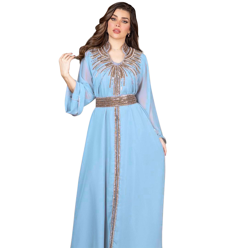 XQY500090 Foreign trade Arab robe, Middle East kaftan fashion Hot diamond belted chiffon dress pic 23