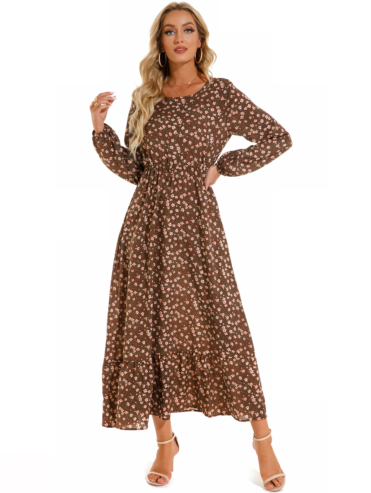 European and American floral long, round-neck, long-sleeved, waist-cinching and slimming dress pic 37
