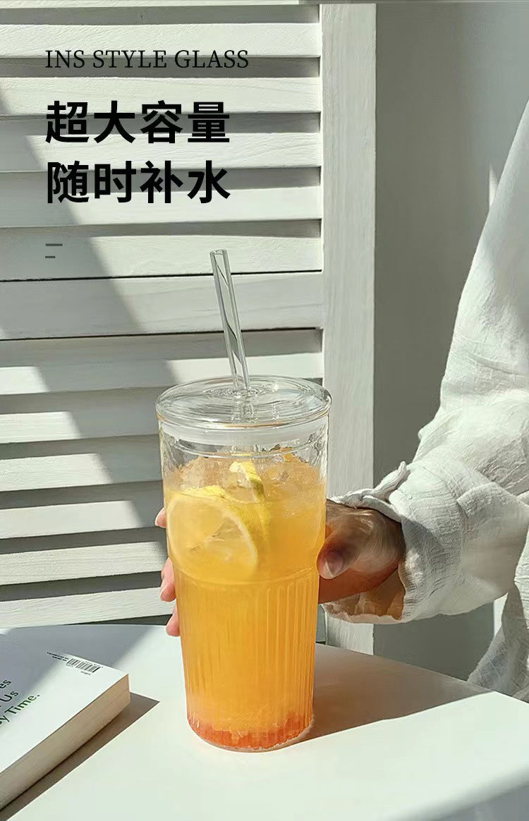 ins风竖条纹玻璃杯喝水杯子带盖高颜值家用牛奶杯夏季大容 量水杯详情5