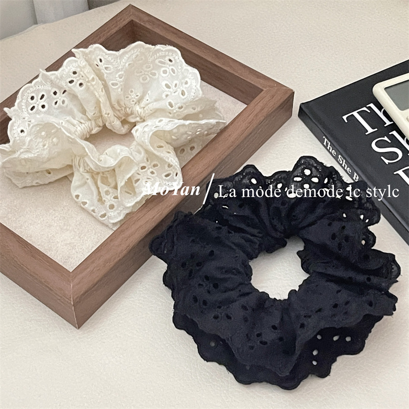 French retro atmosphere lace large intestine hair tie, popular embroidery with hollowed-out patterns and ruffled edges, hair accessory and hair band pic 2