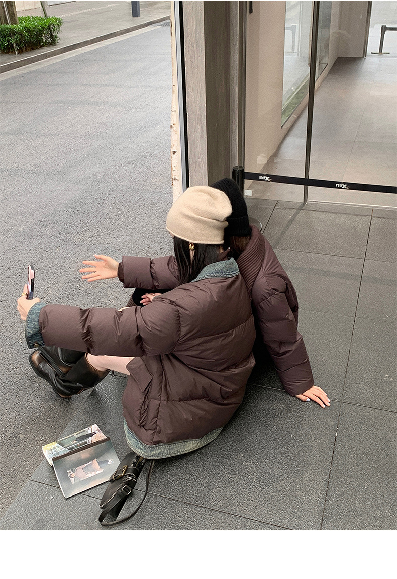 Qumeng DT CLASSIC Retro patchwork fake two-piece denim down jacket for women, 90 white duck down winter coat for women pic 33