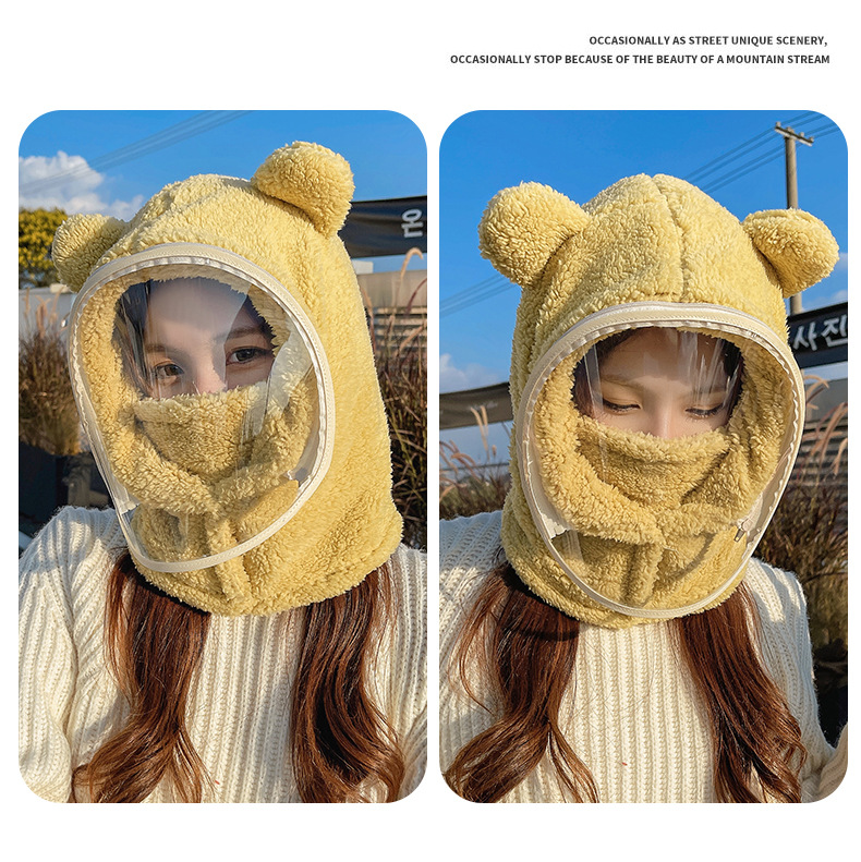 防风帽子带面罩女冬季骑车围脖一体帽加厚保暖护耳可爱小熊套头帽详情16