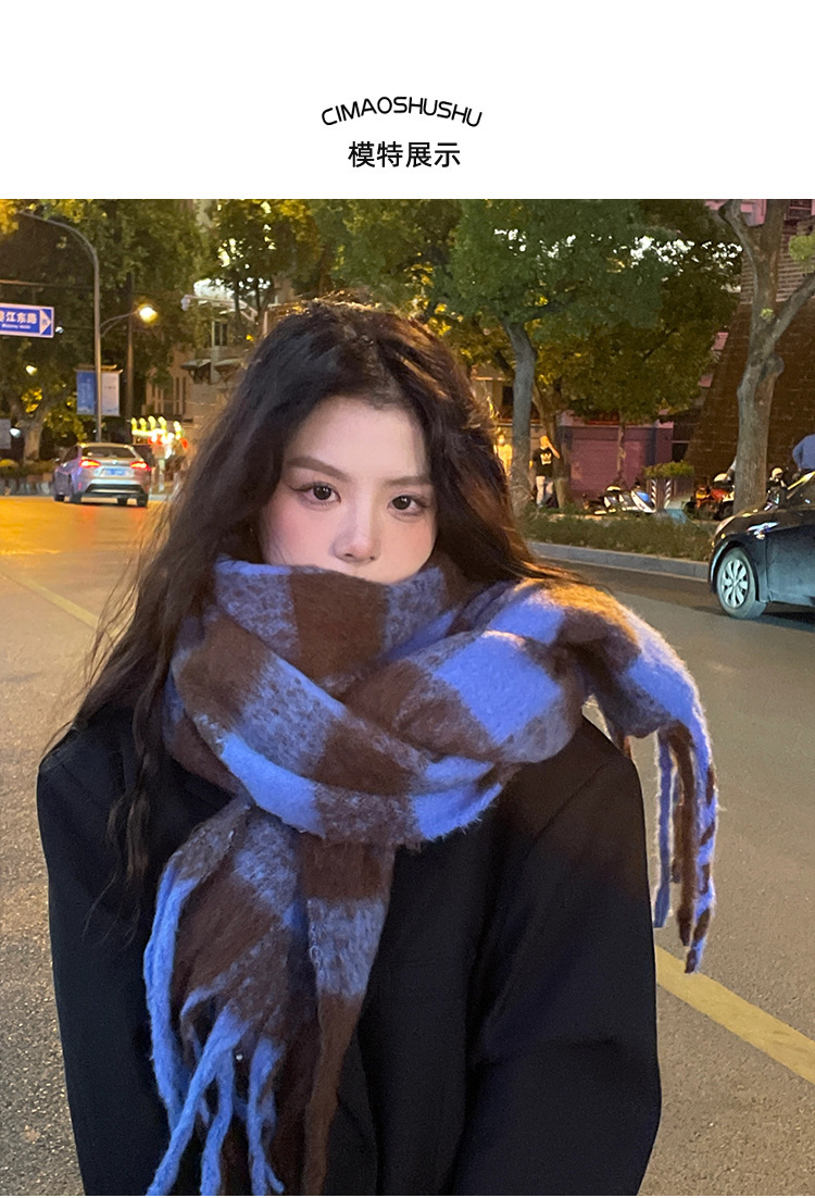 秋冬季围巾女千鸟格仿羊绒针织保暖加厚高级感韩版学生情侣围脖详情2