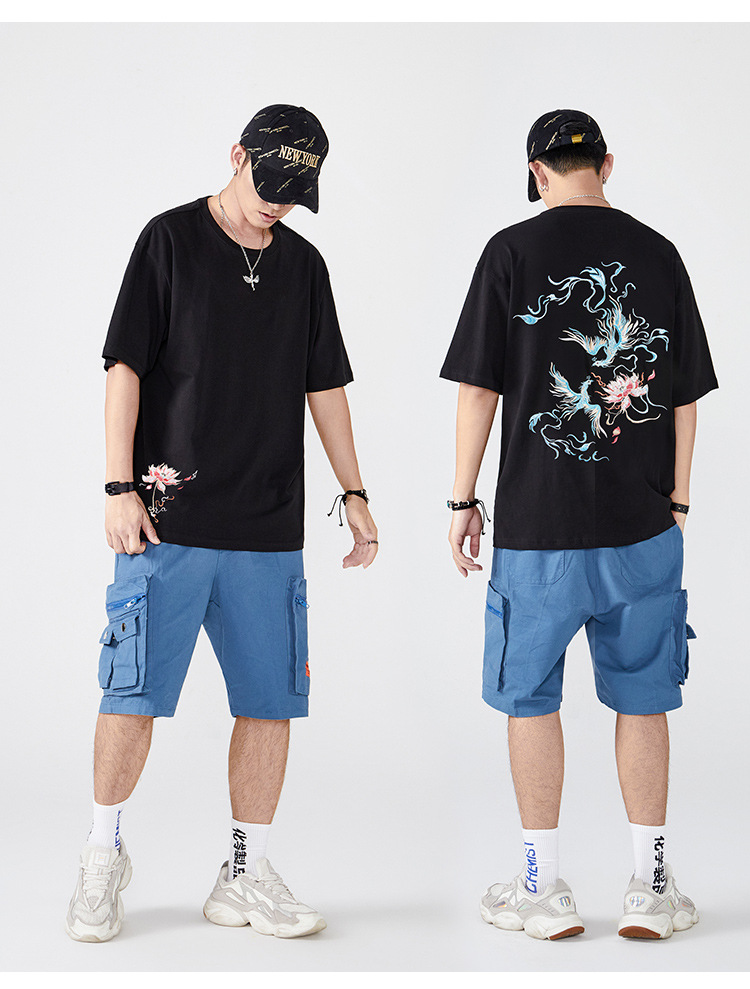 国潮中国风短袖t恤男 夏季宽松大码青年凤凰图案刺绣潮牌纯棉半袖 pic 10
