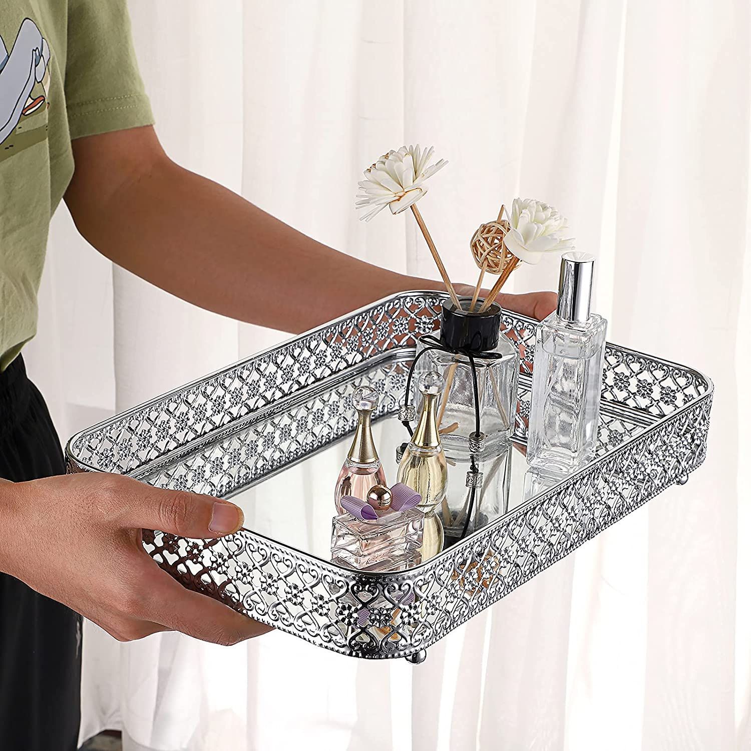 香水镜子托盘化妆梳妆台托盘空心雕刻珠宝饰品存储整理器装饰托盘详情7