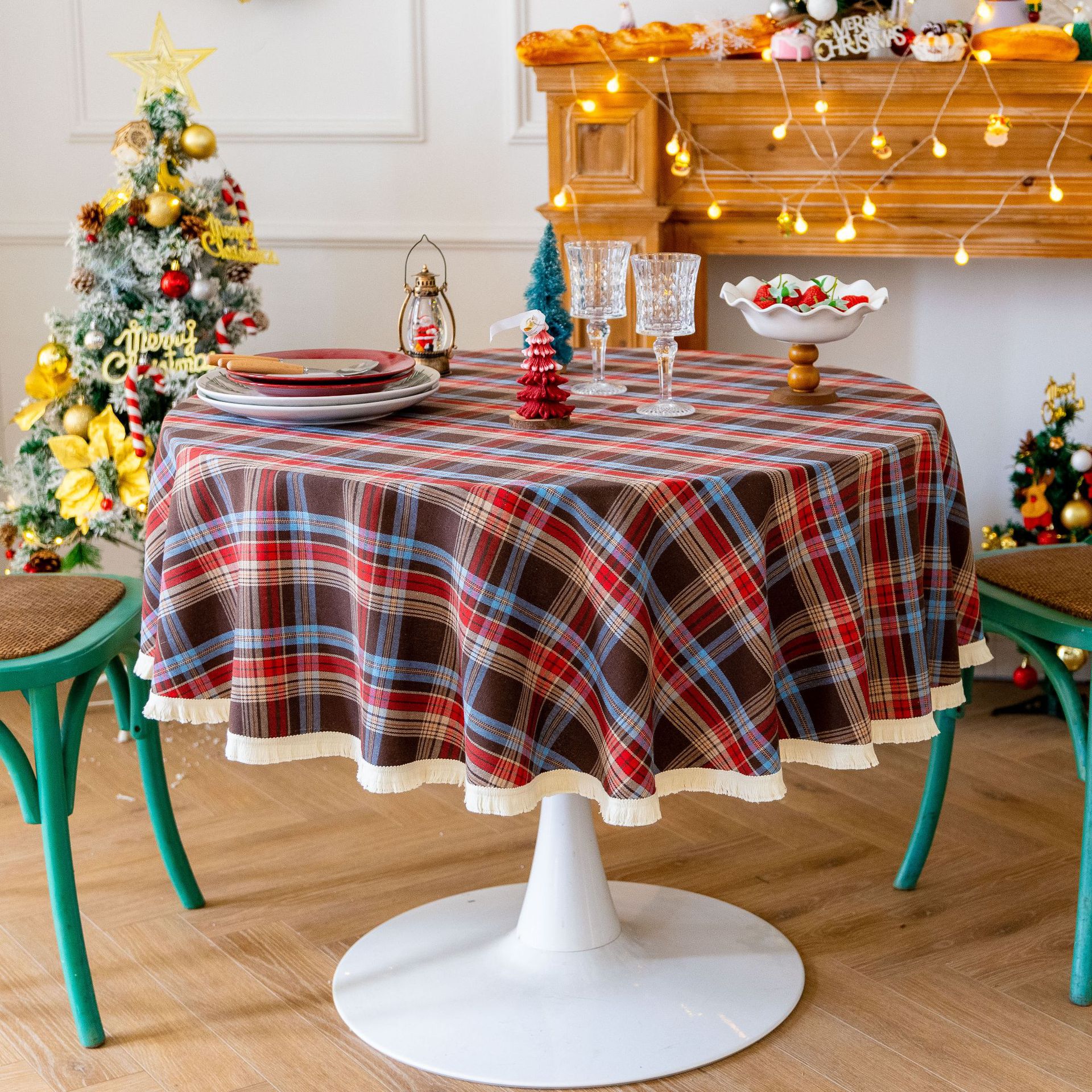 Tablecloth, coffee table, cotton and linen decorative table, ins style best-selling rectangular retro dining table, festive red Christmas checkered pic 21