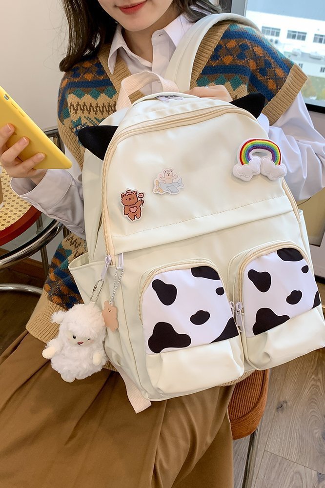 Japanese-style ins campus school style, fresh and cute, cute cow with earbuds, soft girl schoolbag, funny student backpack pic 62