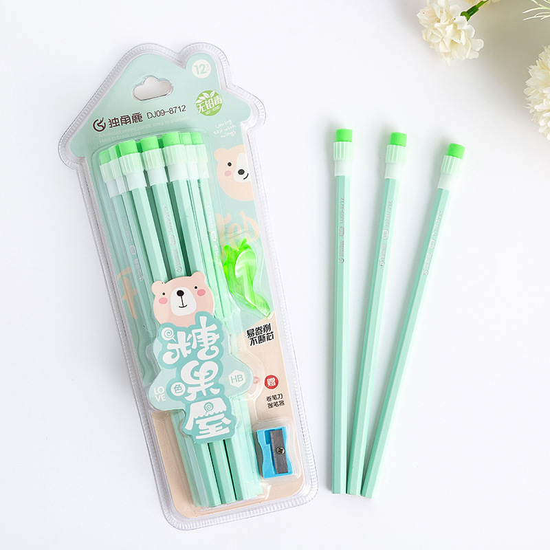 厂家自产自销小松树铅笔独角鹿系列12支大皮头糖果屋HB铅笔书写详情4