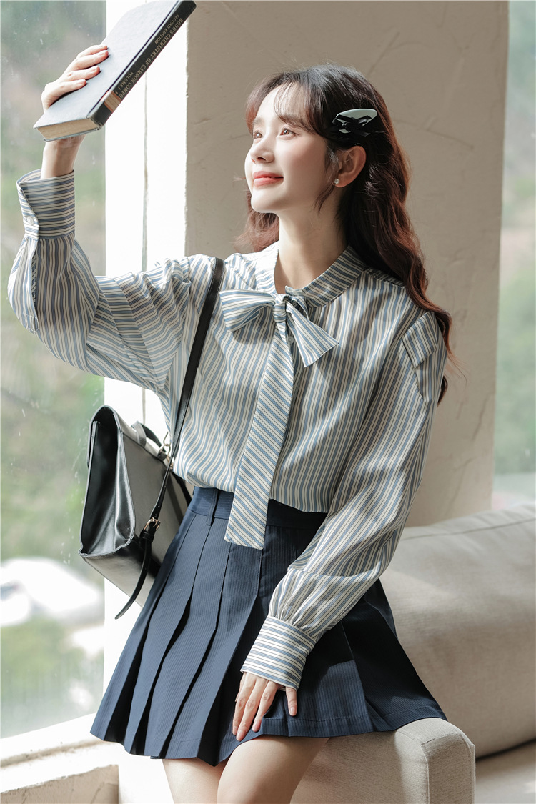 2024秋季新款韩版蓝色条纹通勤衬衣女长袖系带蝴蝶结宽松衬衫上衣详情13