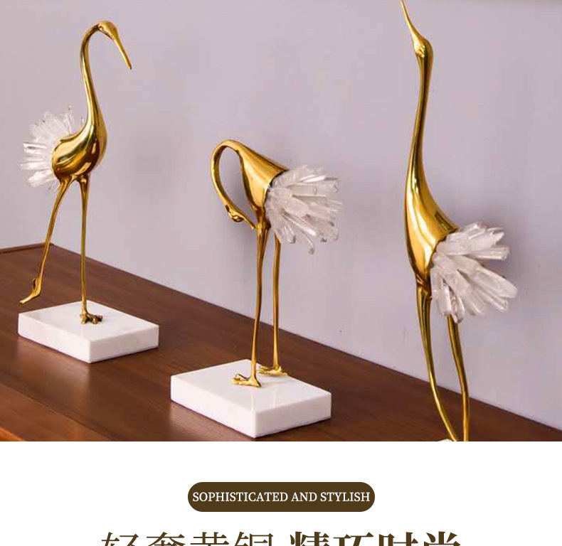 New Chinese-style crane model room copper ornaments, light luxury European modern living room home metal decorations, crystal ornaments pic 4