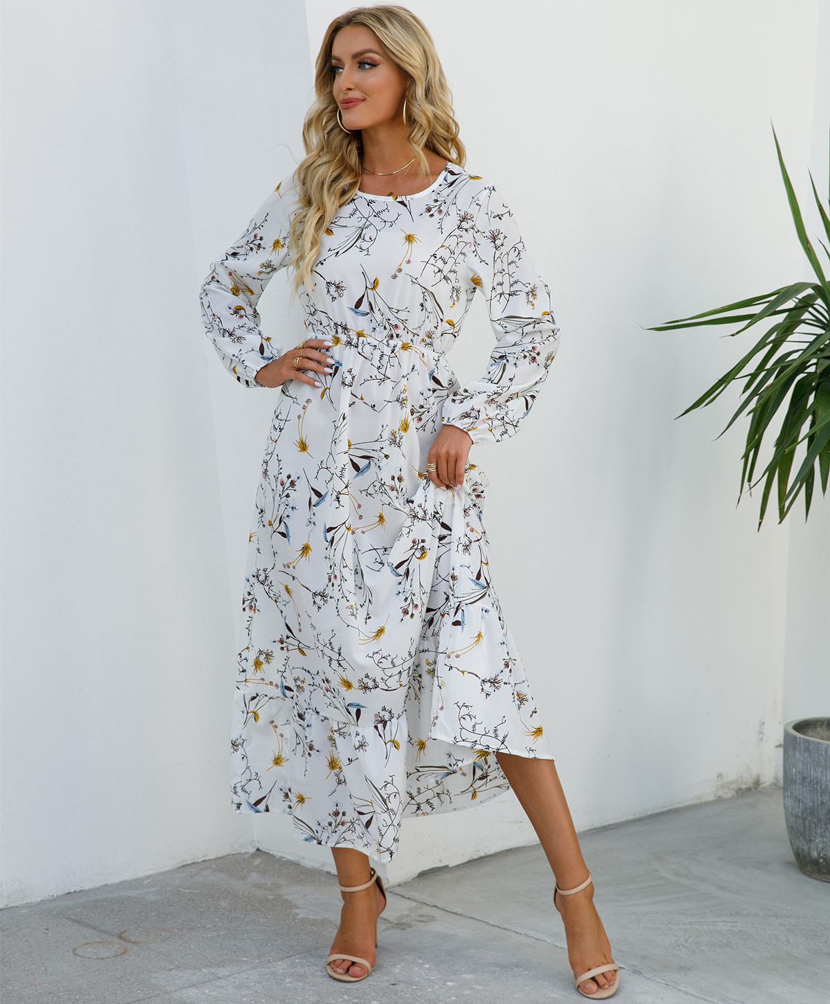 European and American floral long, round-neck, long-sleeved, waist-cinching and slimming dress pic 57
