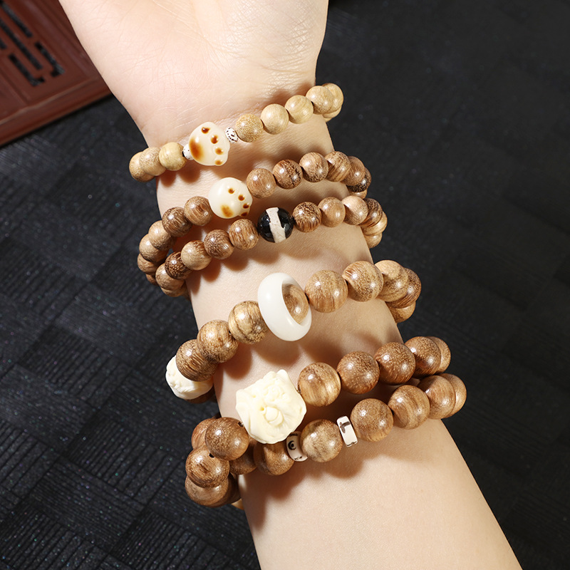 National trend milk-scented wood Buddhist prayer beads bead bead bracelet, artistic and retro burnt cat paw bracelet, prayer beads, cultural play round beads single and double circle jewelry pic 2