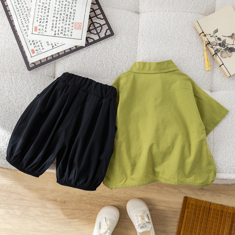 儿童熊猫衬衫短袖短裤两件国风休闲男童潮帅汉服套装班服批发工厂详情6