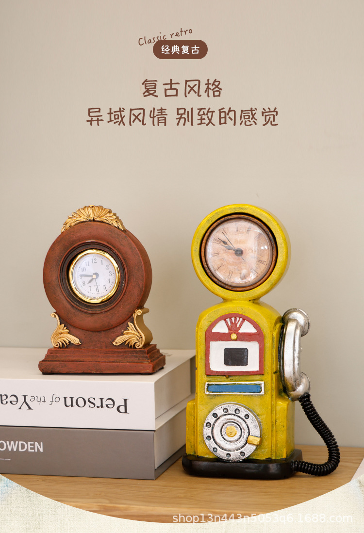 复古美式座钟造型摆件树脂工艺品书柜桌面装饰台钟艺术感时钟批发详情1