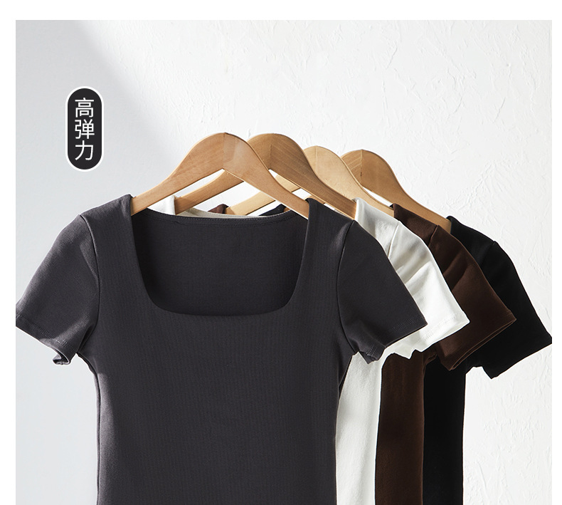 夏季纯棉方领辣妹正肩短袖t恤女式修身显瘦高级感韩系女装T恤上衣详情8