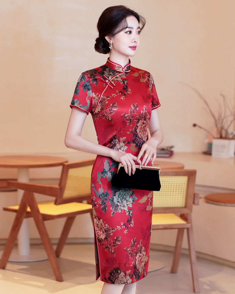 【品牌】改良旗袍连衣裙女真丝桑蚕丝中长款大花中老年旗袍裙详情14