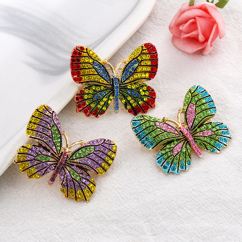 跨境爆款时尚七彩蝴蝶胸针套装合金水钻动物别针胸花创意徽章胸针详情5