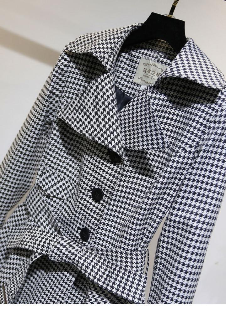 赫本风裙摆风衣收腰千鸟格女式中长款外套大衣年新款详情16