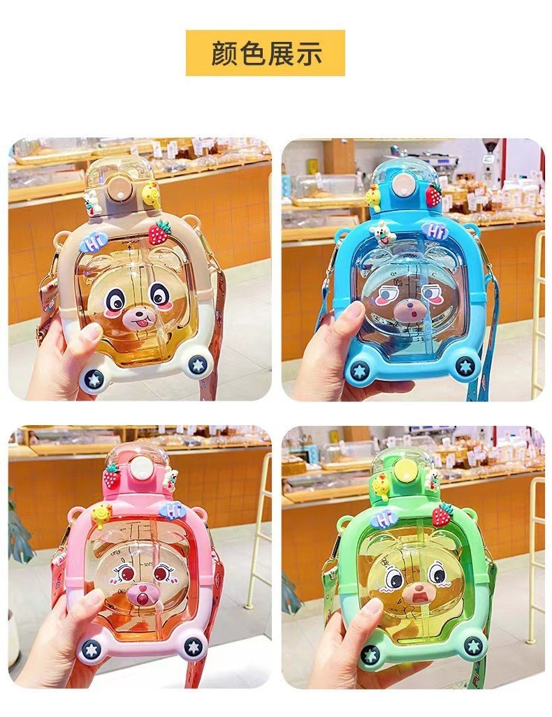 新款夏季儿童吸管水杯塑料杯子魔力熊可爱卡通高颜值背带便携水壶详情15