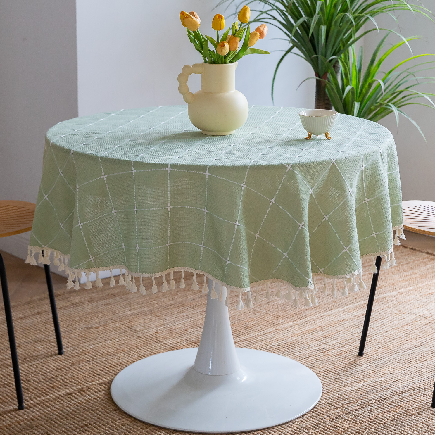 Cross-border new embroidered checkered decorative items, home tablecloths, Japanese solid color, American thickened table cushions pic 5