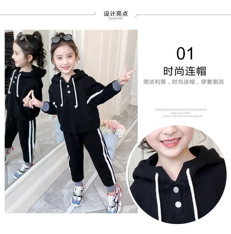 外贸加绒秋冬季2022新款儿童女童服装拼接连帽卫衣套装两件套批发详情6