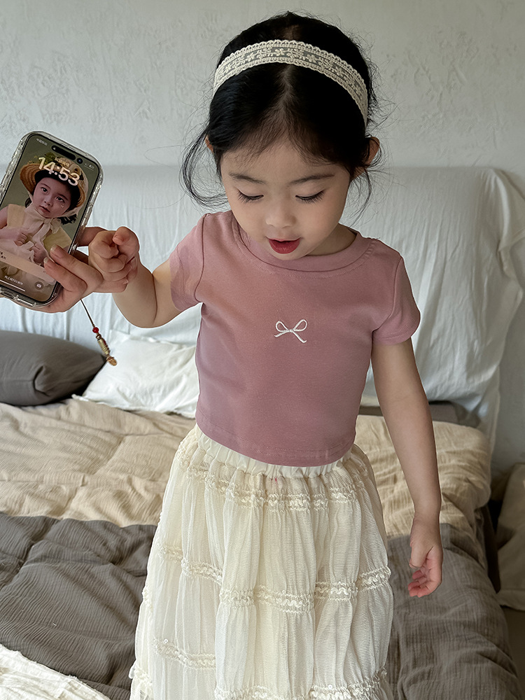 女童蝴蝶结露背T恤2024夏季新款韩版左小然自制刺绣蝴蝶结短袖详情11
