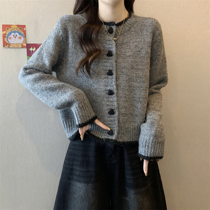 KANING拼色爱心纽扣针织开衫女2025早春新款慵懒风软糯毛衣外套女详情13