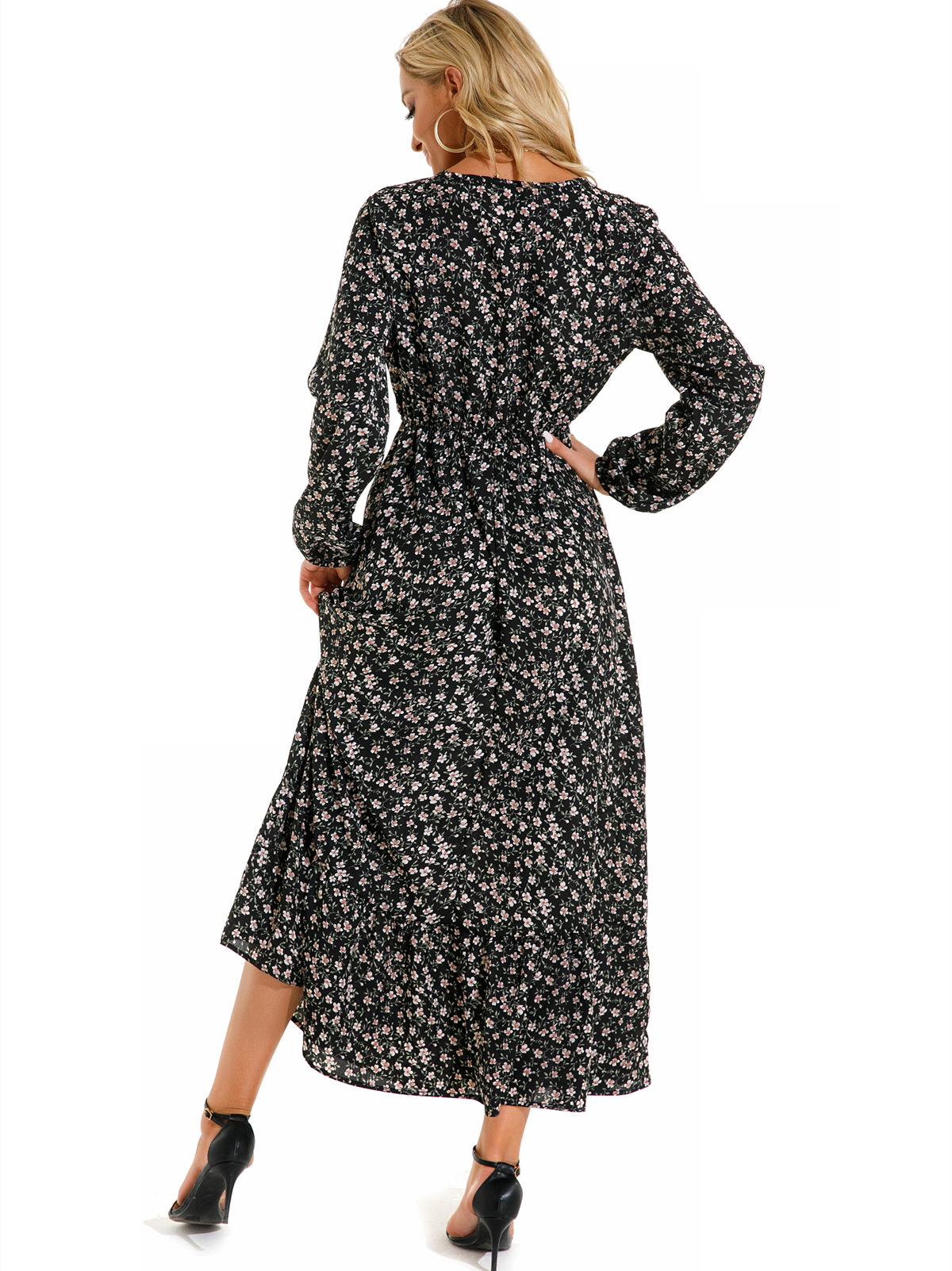 European and American floral long, round-neck, long-sleeved, waist-cinching and slimming dress pic 49