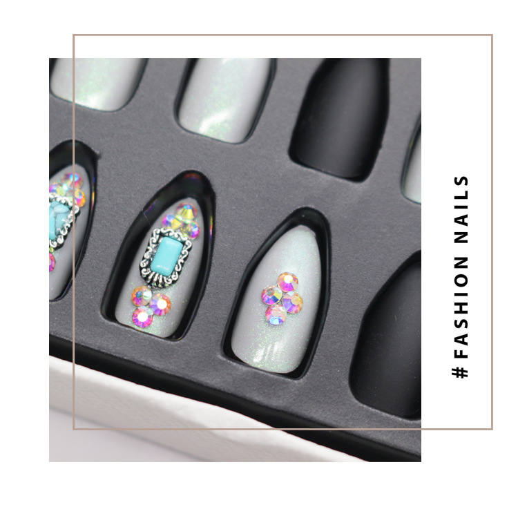 24-piece pointed-head bride wearing nail jewelry, false nail patches, scallion powder with diamonds and adhesive back nail patches gift box toolkit pic 16