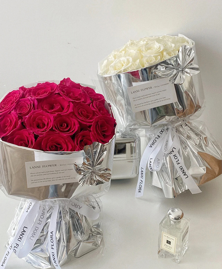 网红新款防水镜面纸花店纸材加厚铝箔膜鲜花包装纸高级感包花纸详情6