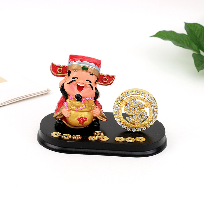 创意q版财神爷汽车内饰摆件批发树脂工艺品镶钻金币转钱财神车饰详情4