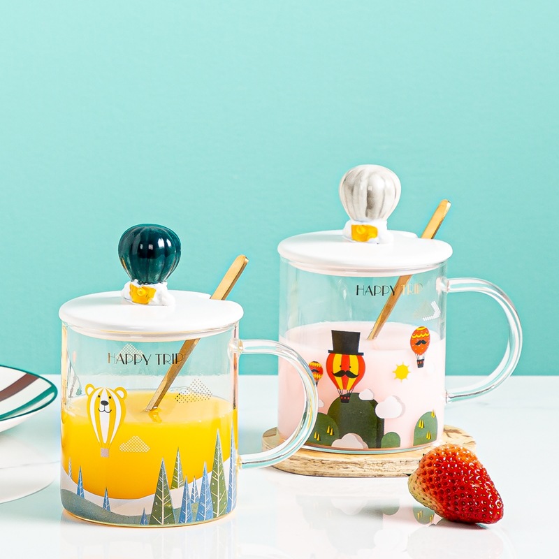 手绘卡通气球城堡玻璃杯创意情侣马克杯男女生水杯礼品早餐咖啡杯详情5