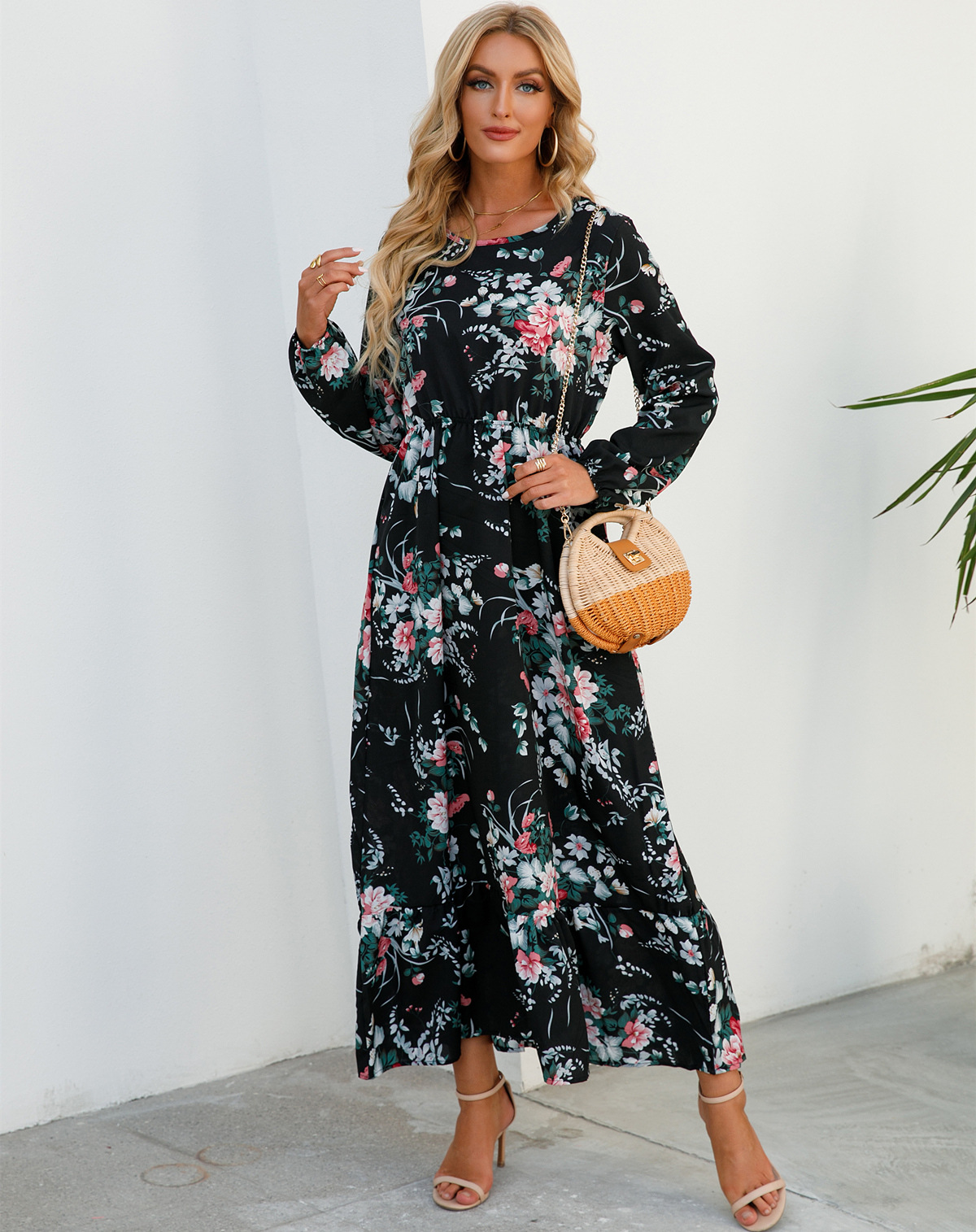 European and American floral long, round-neck, long-sleeved, waist-cinching and slimming dress pic 60