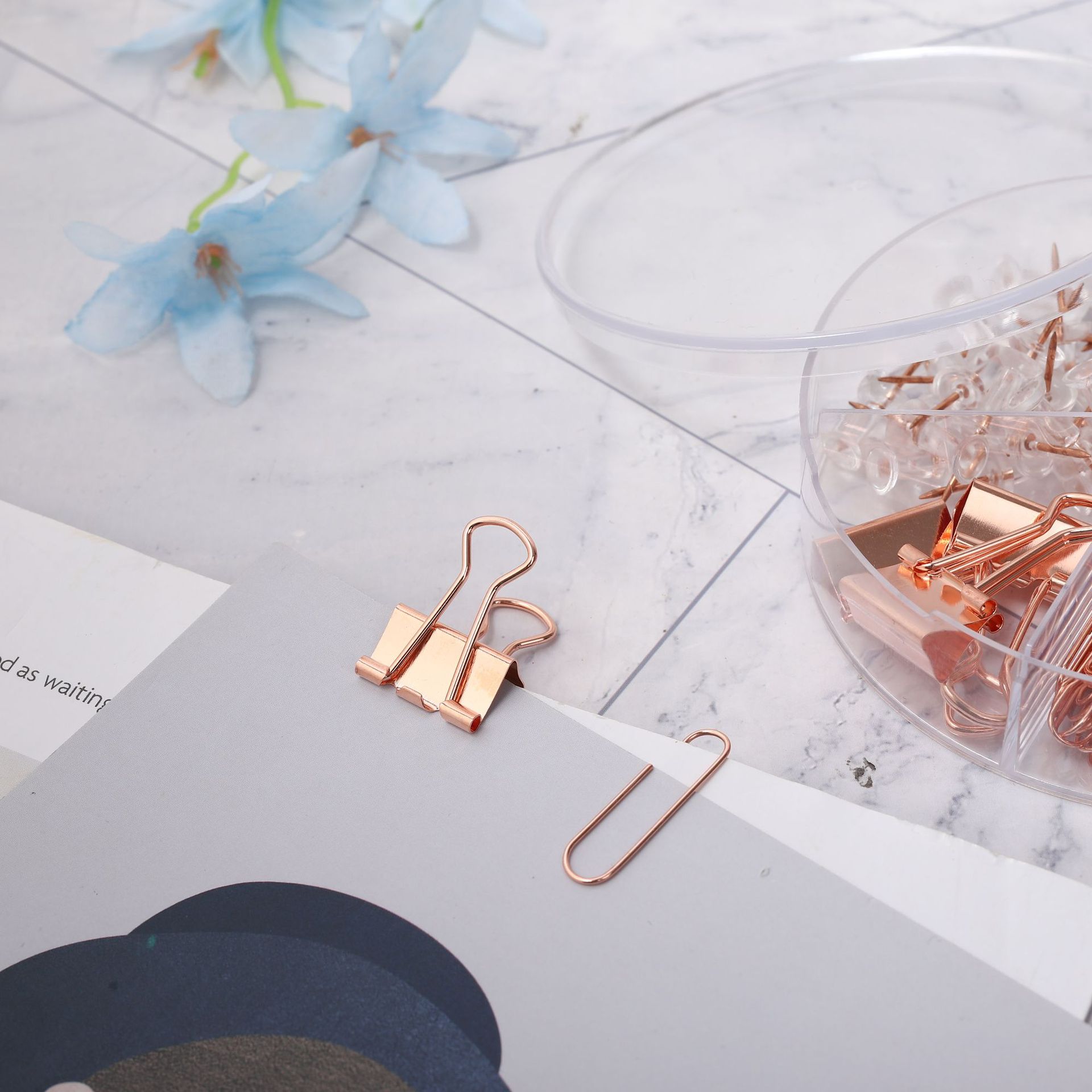 Cross-border direct supply 19mm rose gold long-tail clip paperclip storage set, multi-functional I-shaped nail receipt holder combination pic 10