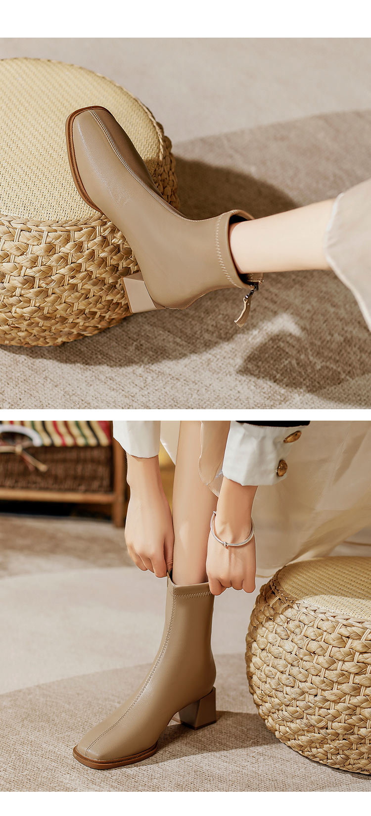 法式高跟短靴2023年新款粗跟时装靴子软皮白色春秋单靴方头瘦瘦靴详情11