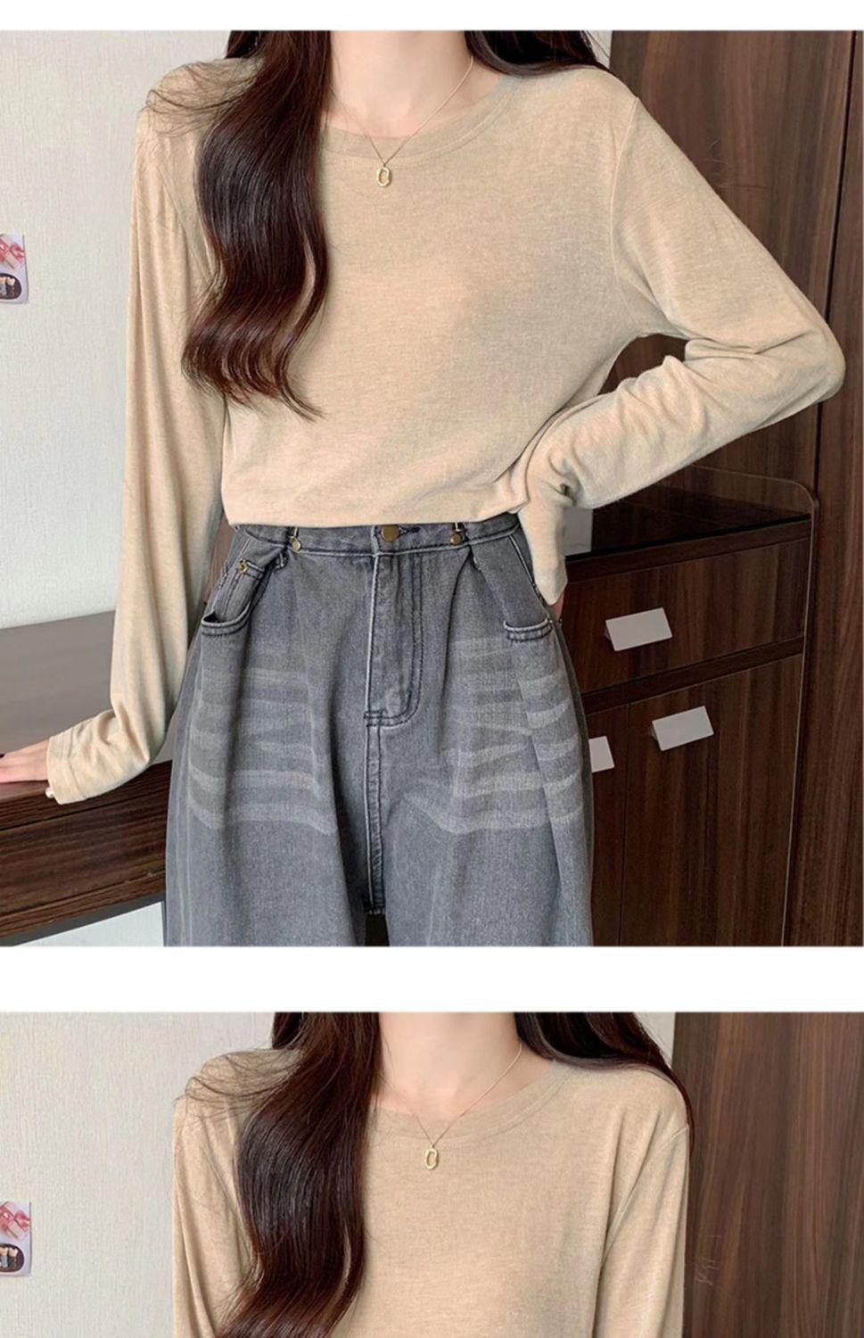 打底衫女宽松显瘦面膜T恤内搭秋冬新款软糯绒色磨毛长袖上衣代发详情19