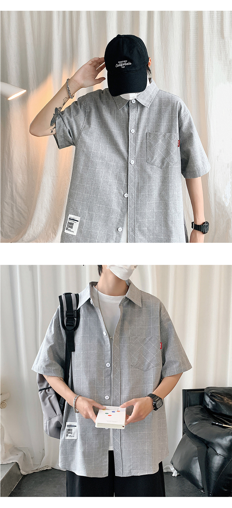 G51（港风）格子衬衫男短袖夏季男士休闲潮流帅气衬衣详情4