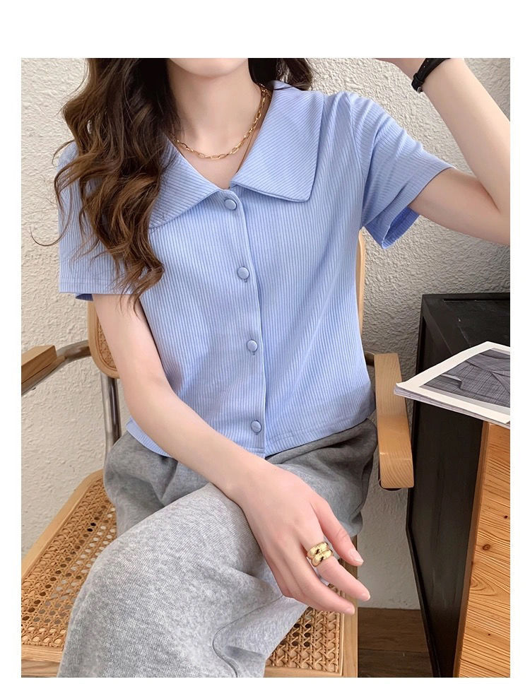 冰丝短袖上衣女2024春夏季新款韩版洋气小清新翻领百搭短款T恤开详情2
