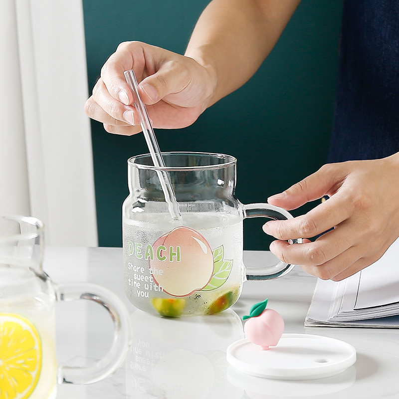Creative large-capacity fruit glass water cup, cute in summer, high appearance level, covered straw, home drinking cup pic 9