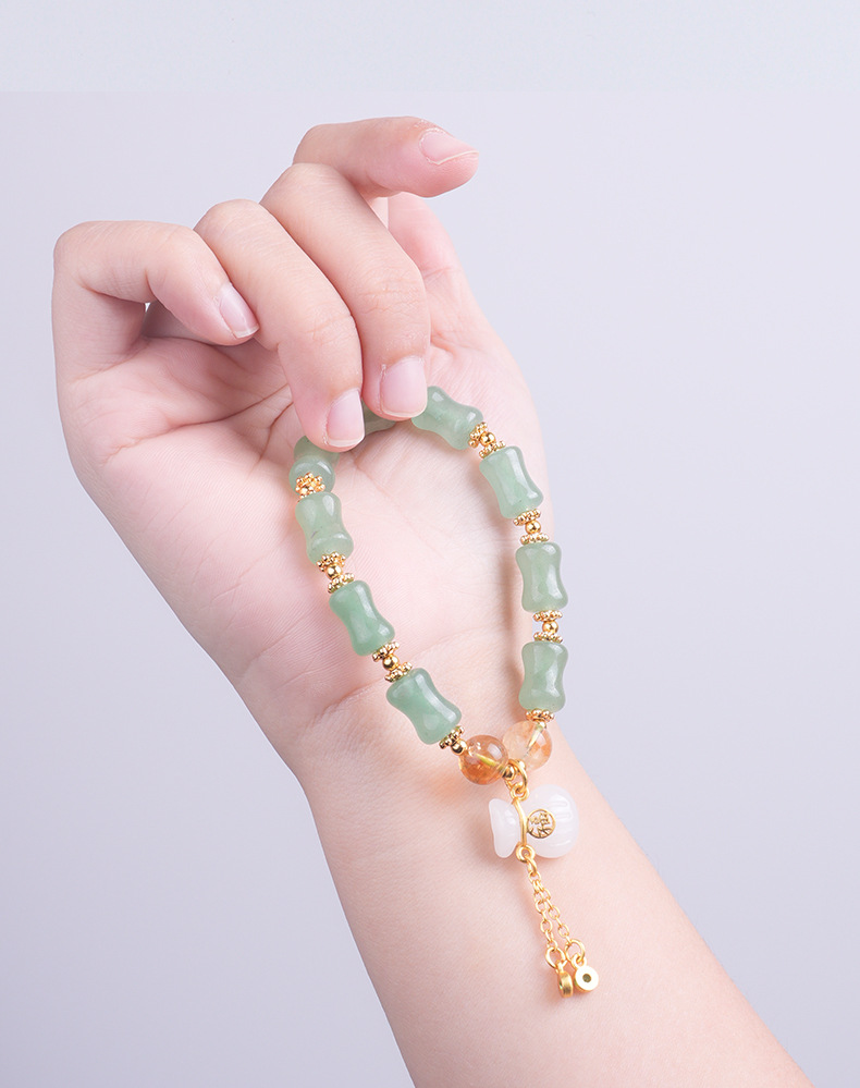 新疆天然金丝玉手链天山翠玉竹节钱袋单圈手链隔壁玉石手串文玩文玩佛珠手串珠子详情6