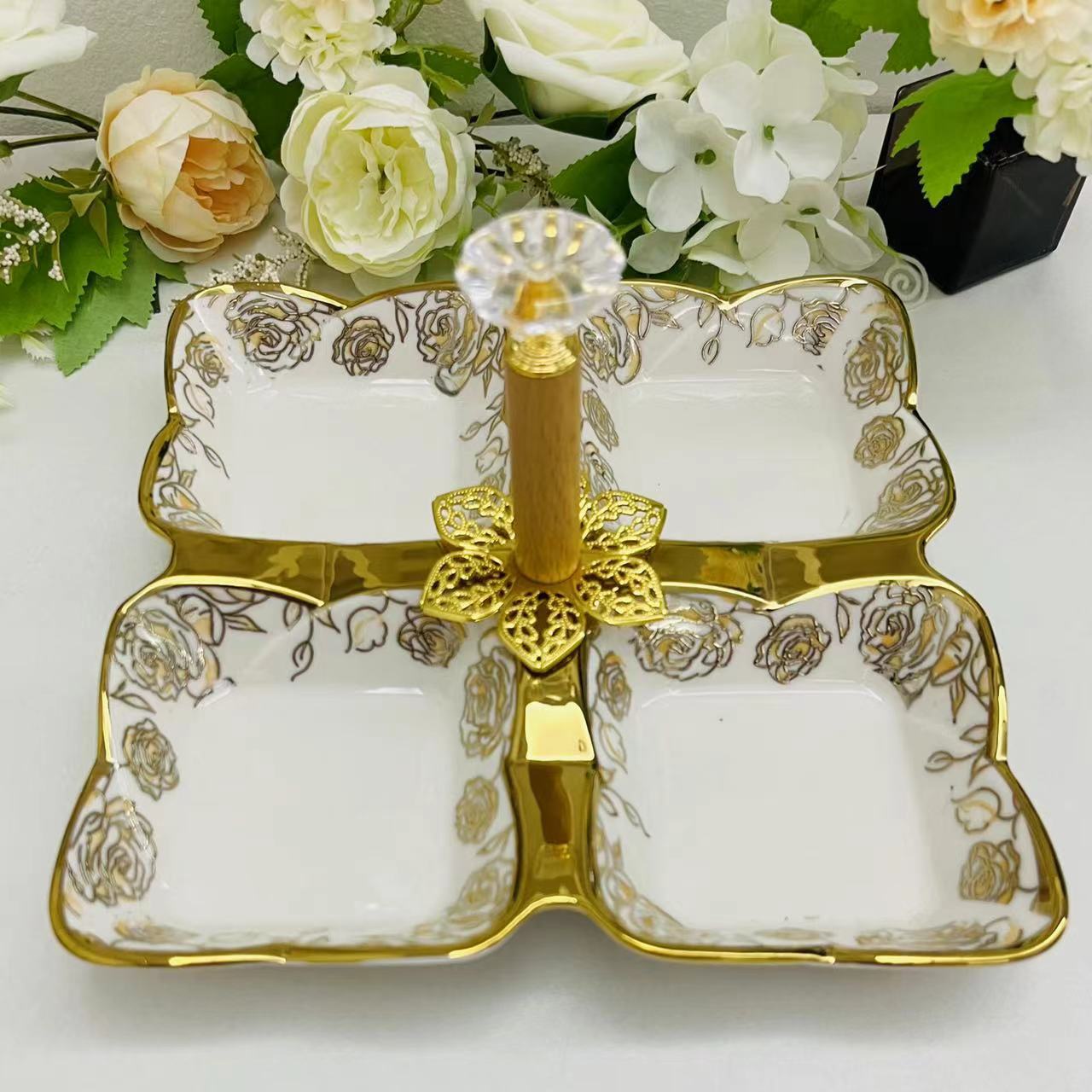Creative ceramic multi-compartment fruit plate, pastry plate, flower tea, dried fruit snack plate, crystal, 4-compartment tableware, fruit plate, 13-piece golden castle vase pic 18