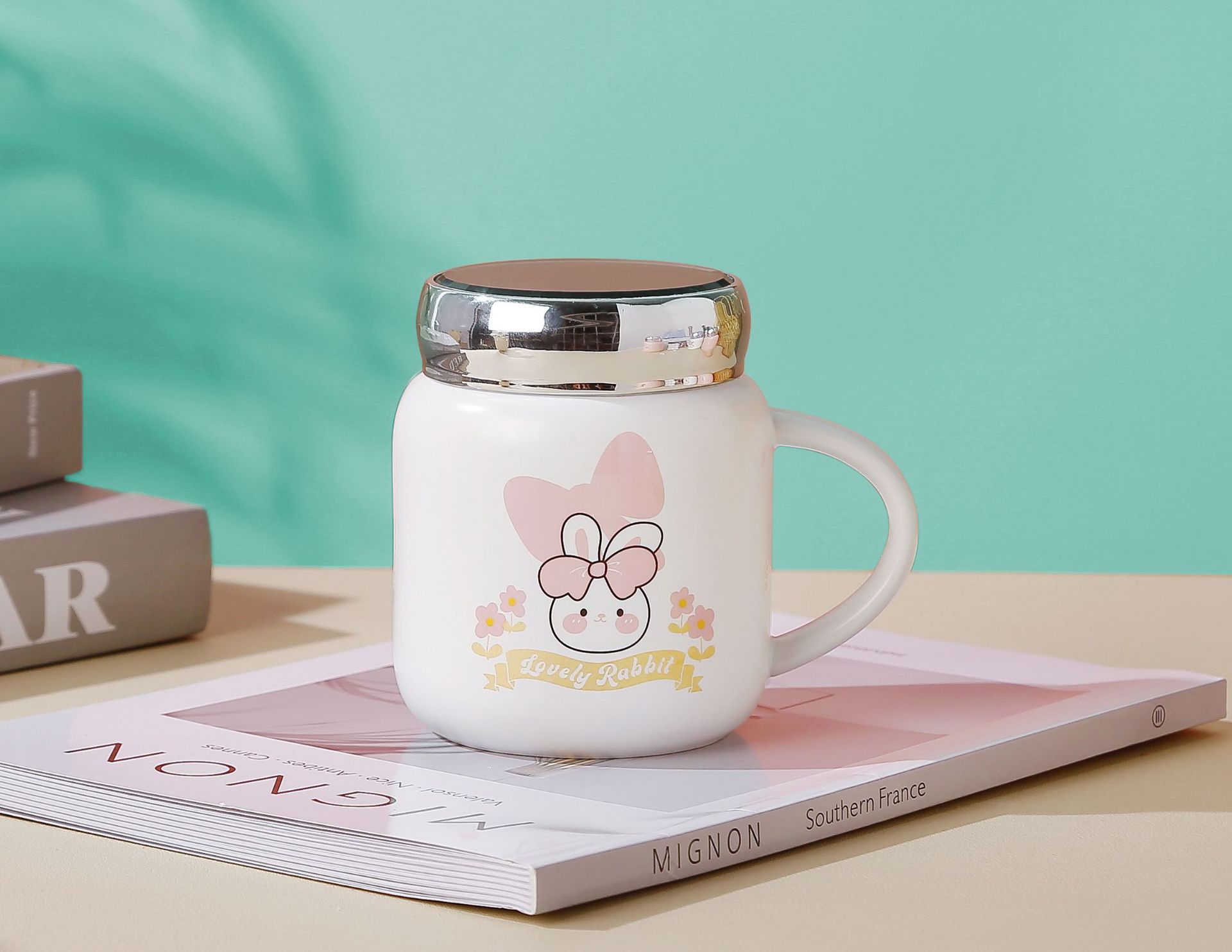 High appearance level, creative personality, cute mug with lid and spoon, home ceramic water cup, breakfast bow mug pic 5