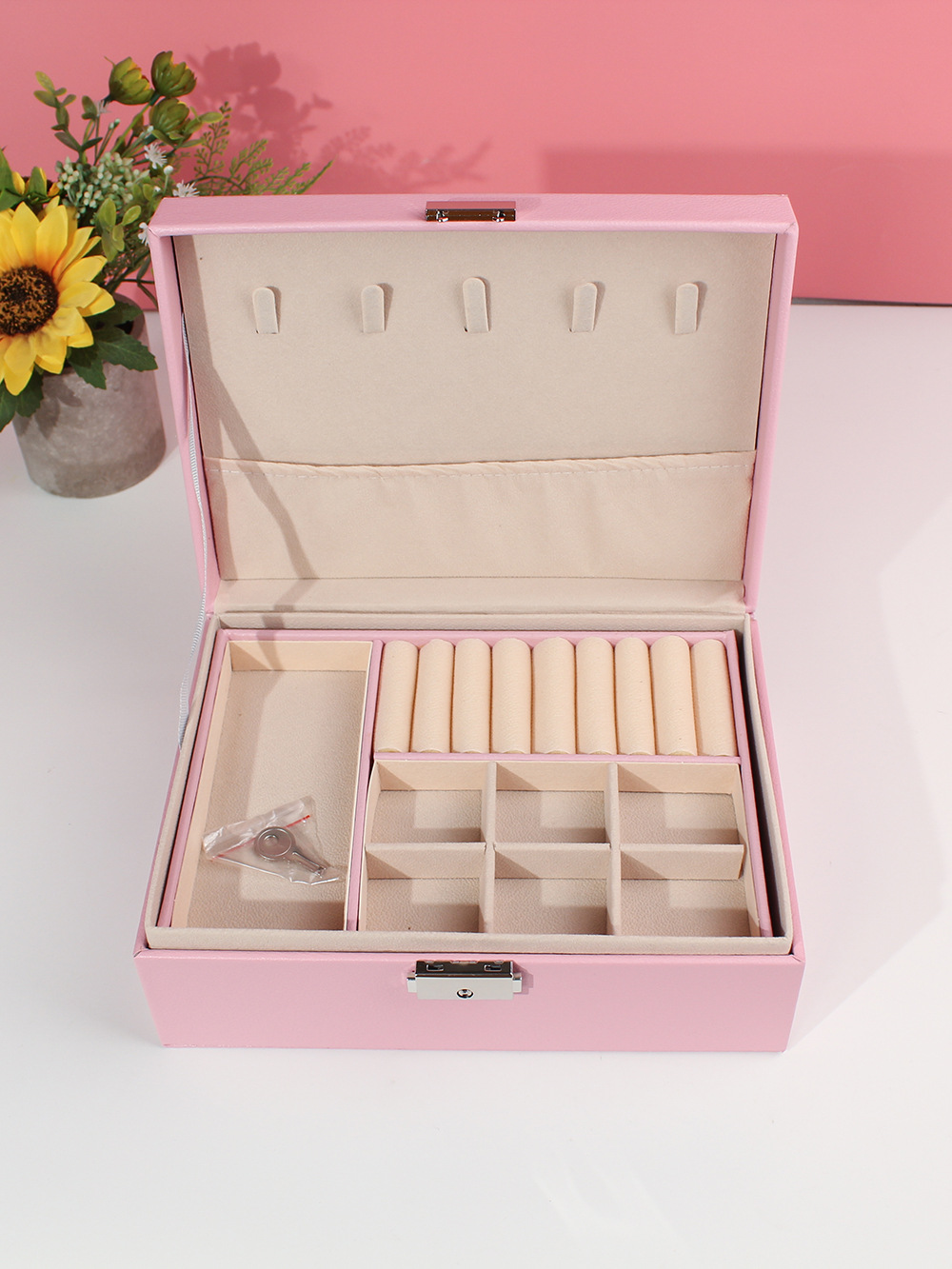 瑾奇2023首饰盒带锁双层大容量皮革珠宝饰品戒指项链耳环耳钉收纳盒子 粉色儿童收纳系列 JQ009详情20
