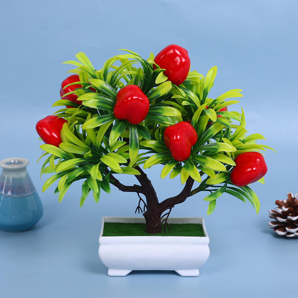 A comprehensive collection of simulated fruit potted plants and bonsai, including red apples, pomegranates, strawberries, oranges, peaches, mangoes, bananas, and red peppers for decoration pic 4