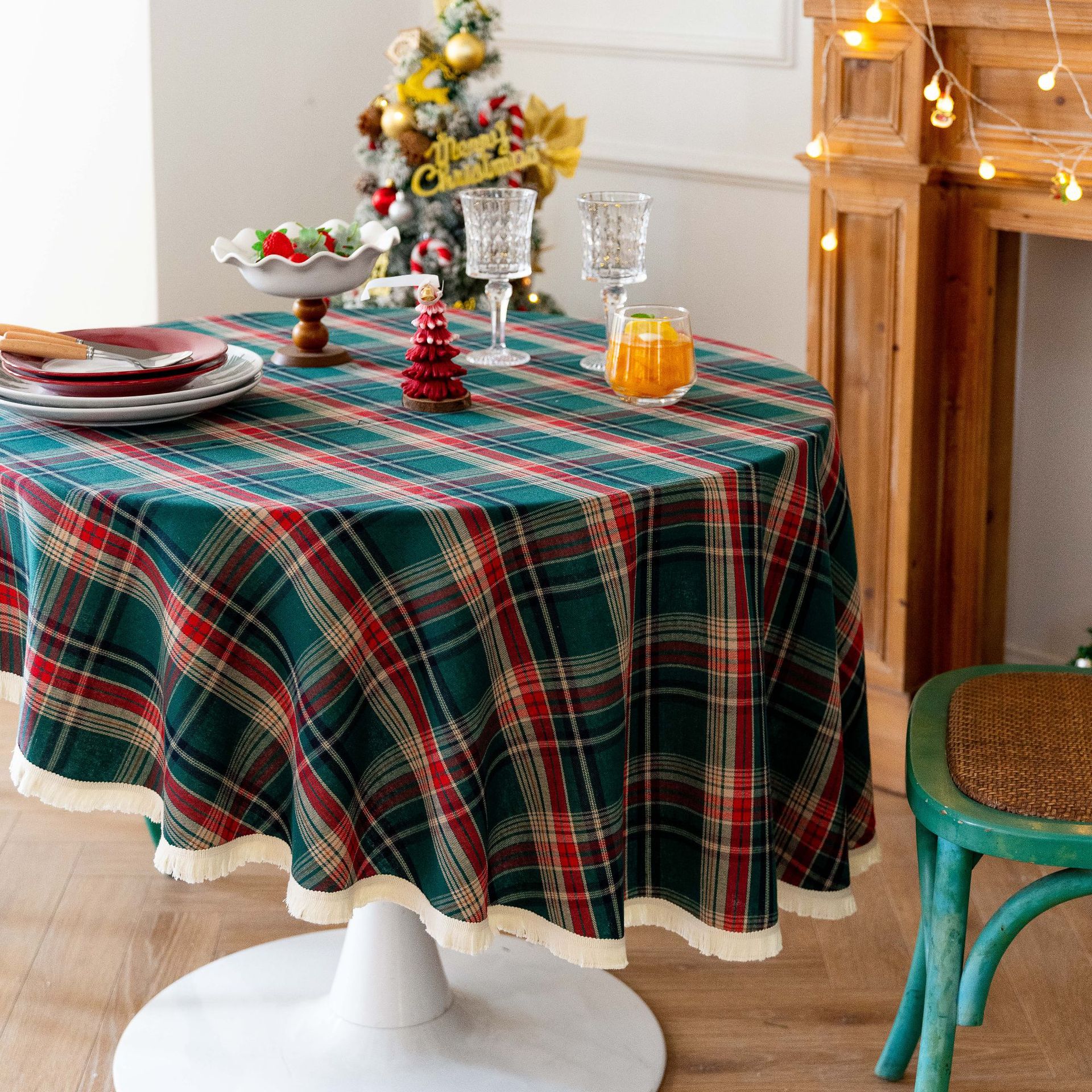 Tablecloth, coffee table, cotton and linen decorative table, ins style best-selling rectangular retro dining table, festive red Christmas checkered pic 16